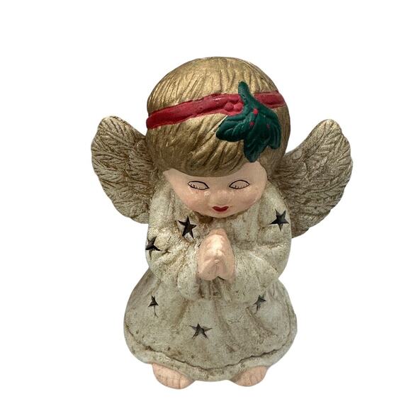 Christmas Ceramic PRAYING Angel Tea Light Candle Holder GILDED Stars Retro Decor - Picture 6 of 9